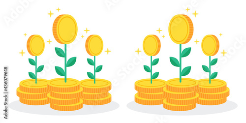 Money trees grow on the pile of coins. The creative financial concept idea of investment opportunities to make money. Simple trendy cute cartoon vector illustration. Flat style graphic design. 