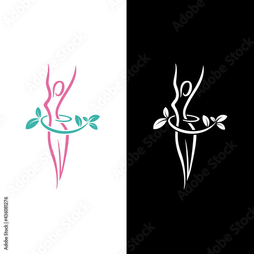 Body weight loss concept. Feminine silhouettes. Weight loss logo vector for woman healthy diet programs. Icon for body care and food care, training slim waist and loins, fit & wellness illustration. 