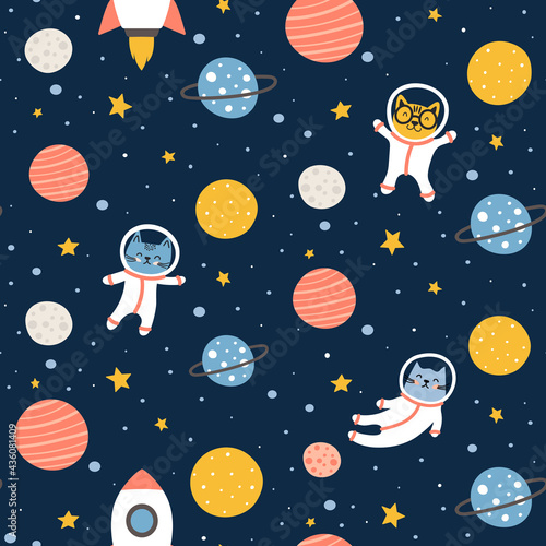 Cute space cats seamless pattern - childish repeat print design with stars, planets, rockets and cat astronauts on navy background