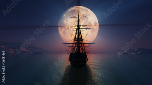 old ship in the night full moon illustration