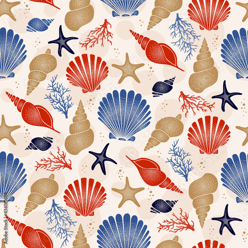 Seashell seamless pattern - marine repeat vector design with retro style shell illustrations