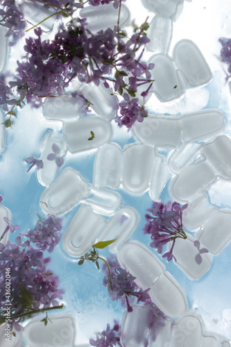 background with pieces of ice and lilac flowers against a blue sky