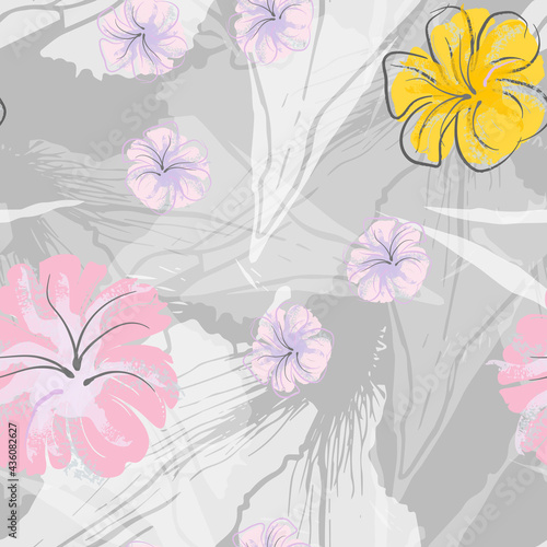 Wallpaper Mural Pink Flowers Blooming Pattern. Pastel Watercolor. Torontodigital.ca