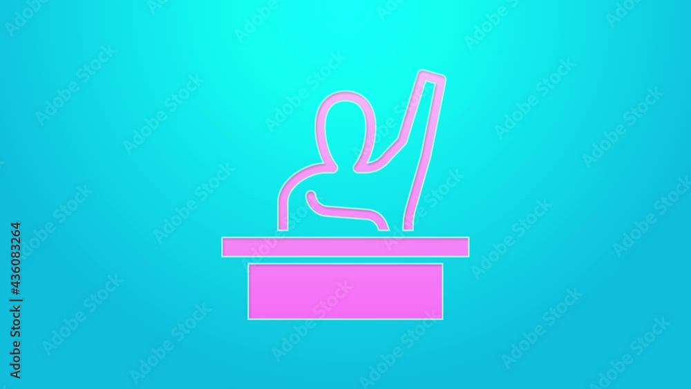 Pink line Active male kid raising hand answering to teacher question icon isolated on blue background. An elementary student raises his hand. 4K Video motion graphic animation Pink line Active male kid raising hand answering to teacher question icon isolated on blue background. An elementary student raises his hand. 4K Video motion graphic animation