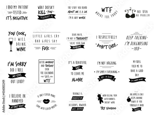 Big set of sarcastic slogans, quotes. Vector illustration for prints, posters, cards, banners.