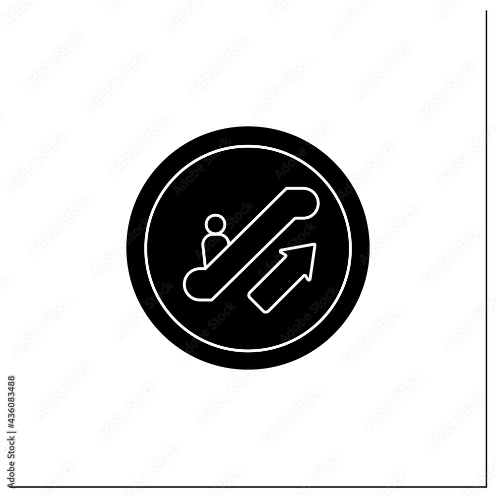 Escalator symbol glyph icon. Upper floor climb. Stairway sign. Public place navigation. Universal public building signs concept.Filled flat sign. Isolated silhouette vector illustration Escalator symbol glyph icon. Upper floor climb. Stairway sign. Public place navigation. Universal public building signs concept.Filled flat sign. Isolated silhouette vector illustration