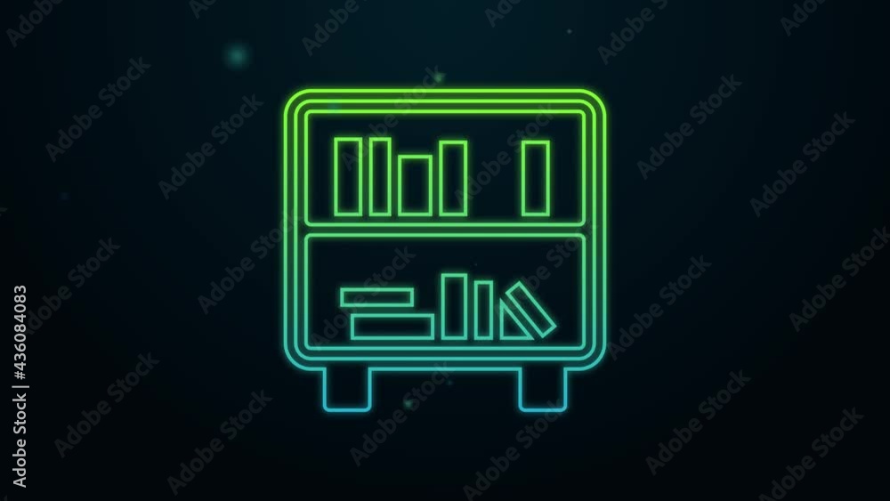 Glowing neon line Shelf with books icon isolated on black background. Shelves sign. 4K Video motion graphic animation Glowing neon line Shelf with books icon isolated on black background. Shelves sign. 4K Video motion graphic animation
