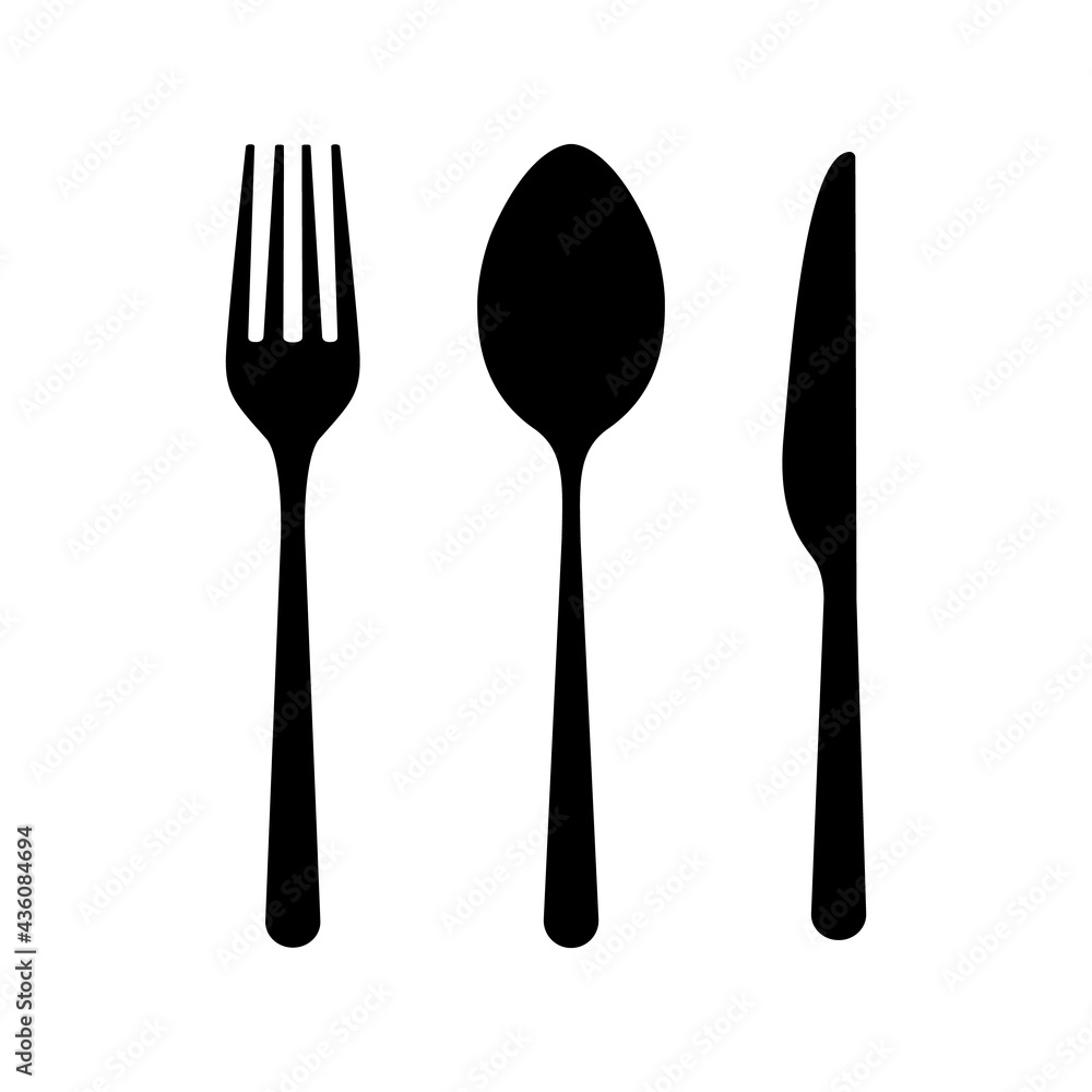 Fork spoon knife icons on white background. Tableware set in flat style. Cutlery for cafe or restaurant. Silverware collection isolated. Kitchen objects clean design. Vector illustration Fork spoon knife icons on white background. Tableware set in flat style. Cutlery for cafe or restaurant. Silverware collection isolated. Kitchen objects clean design. Vector illustration