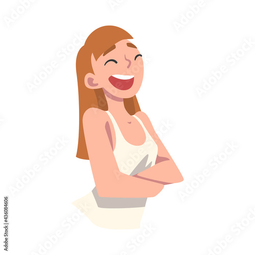 Happy Girl Having Fun, Portrait of Laughing Teenage Girl Cartoon Vector Illustration