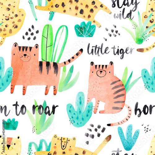 Photography Watercolor hand-drawn seamless repeating color childish pattern with wild cats, plants and leaves in Scandinavian style on a white background