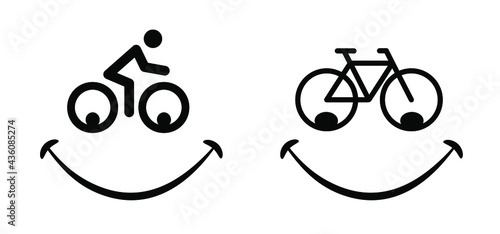 Caotoon silhouette, happy smile face. World Bicycle day, health day race tour Sport icon Cyclist, cycling Flat vector bike pictogram. 