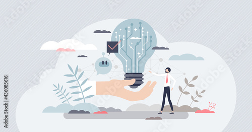 Digital innovation and new technological invention idea tiny person concept. Creative tech startup business development with successful and smart futuristic approach vector illustration. IT scene. © VectorMine