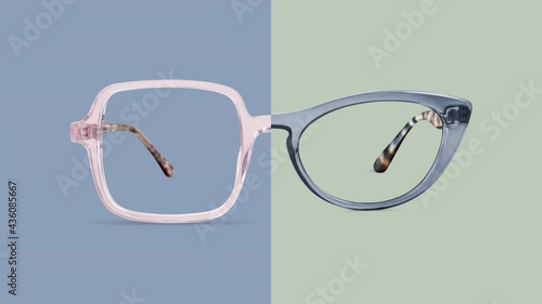 Colorful plastic glasses and metallic eyeglasses mix isolated on colored background, ideal stop motion for advertising display or a web banner photo