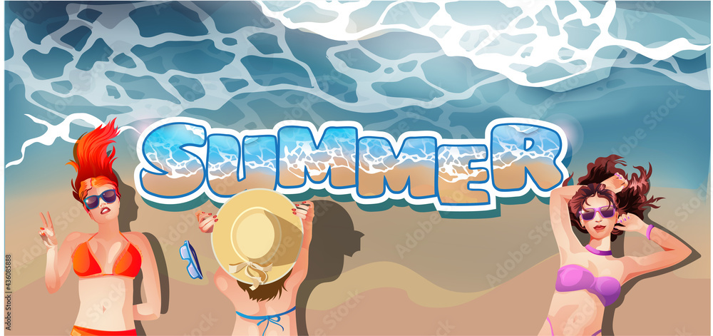 Banner with women lying on beach, relaxing and sunbathing near sea or ocean. Big letters Summer. Summer Mood Vector cartoon illustration