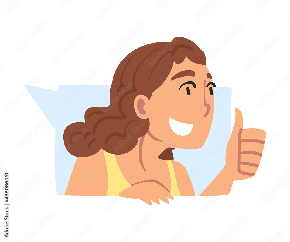 Smiling Girl Doing Like Hand Gesture, Teenager Giving Thumb Up Showing her Approval Cartoon Vector Illustration