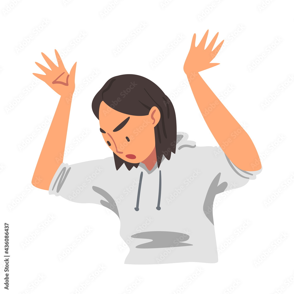 Angry Woman Raising her Arms Up, Person Expressing Disagreement or Disapproval Negative Emotions Cartoon Vector Illustration Angry Woman Raising her Arms Up, Person Expressing Disagreement or Disapproval Negative Emotions Cartoon Vector Illustration