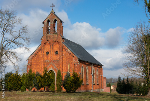 Church of Our Lady of Candlemas (Kościół Matki Boskiej Gromnicznej). Neo-Gothic brick temple was built in 1865. Village in North-Western Poland, Lobez County. Krasnik Lobeski, Poland.
