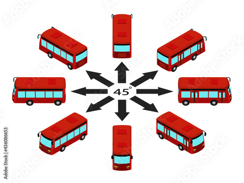 Rotation of the bus by 45 degrees. Red bus in different angles in isometric.