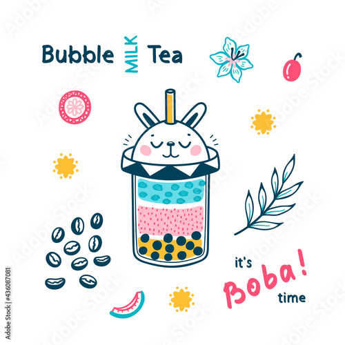 Bubble Tea Vector Menu Poster. Doodle Plastic Takeaway Cup Cute Bunny Character. Summer Pearl Milk Beverage and Fruits, Coffee Beans, Flowers. Boba tea Drink with Tapioca.