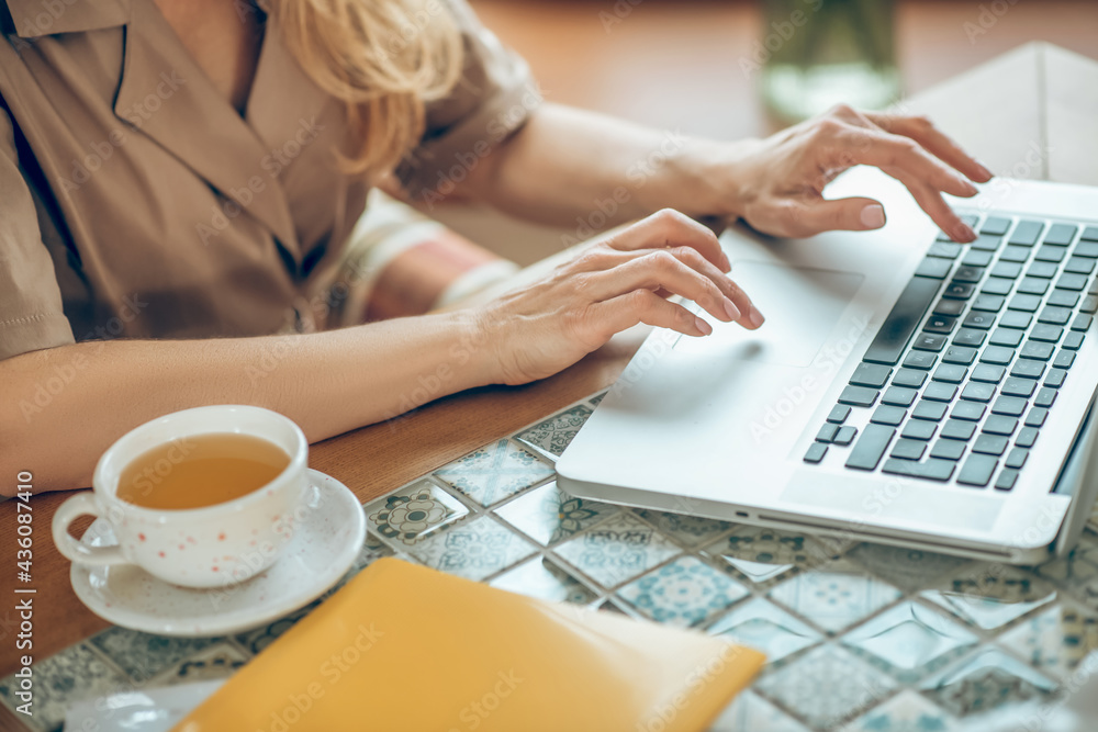 Close up picture of a woman working on a laptop Close up picture of a woman working on a laptop