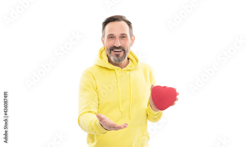 happy man in hoody hold heart shape present box symbol of love or donation isolated on white, heart.