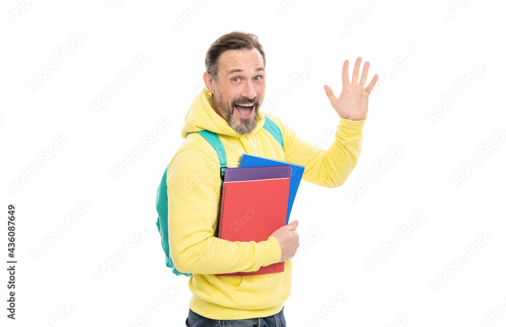 surprised man carry backpack hold notepad workbook for education isolated on white, back to school. surprised man carry backpack hold notepad workbook for education isolated on white, back to school.