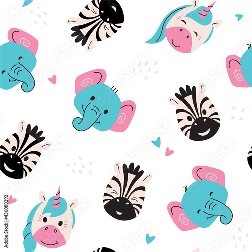 Seamless pattern with animal faces, hearts. Cute animal heads, hand drawn zoo animals portraits templates for kids vector illustration set. Simple muzzles of a unicorn, zebra, elephant.
