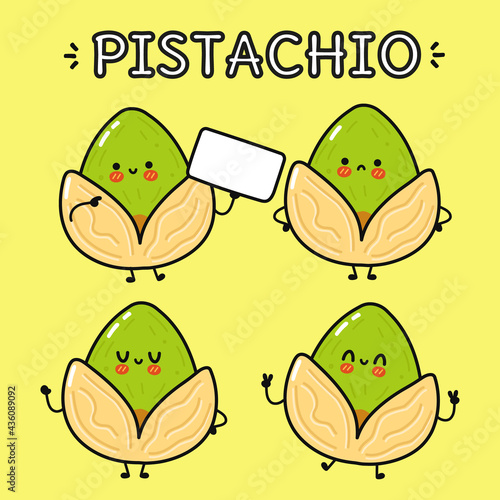 Funny cute happy pistachio characters bundle set. Vector kawaii line cartoon style illustration. Cute pistachio mascot character collection
