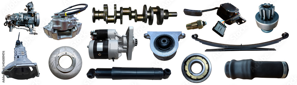 Auto spare parts car on the white background. Set with many isolated items for shop or aftermarket. Auto spare parts car on the white background. Set with many isolated items for shop or aftermarket.