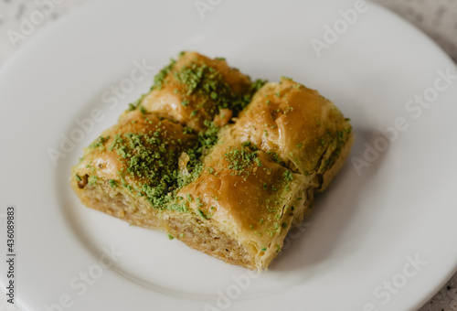 Traditional Middle Eastern Flavors. The local name of Baklava is Fıstıklı Baklava. Close up.