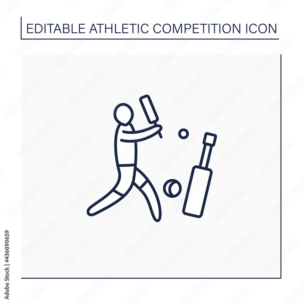 Crickets line icon. Team game with ball and bat. Physical exercises.Athletic competition concept. Isolated vector illustration. Editable stroke Crickets line icon. Team game with ball and bat. Physical exercises.Athletic competition concept. Isolated vector illustration. Editable stroke