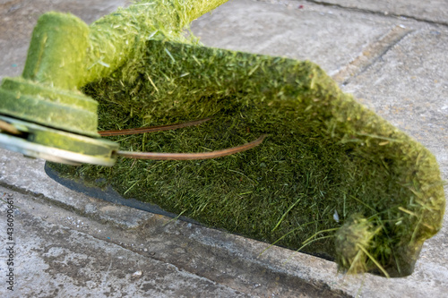 Grass trimmer after work with plant residues
