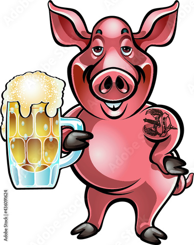 cartoon pig holding foaming beer in a mug