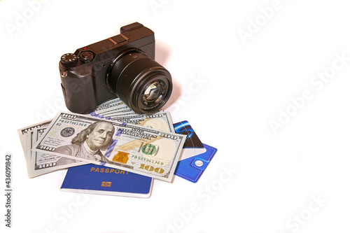 International travel abroad, vacation, business or vacation. Passport, money credit cards, camera. Travel after quarantine.