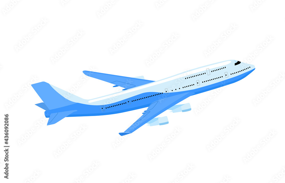 The plane is passenger. Airplane flight forward in the air. Passenger Transportation. Isolated vector illustrations on white background.