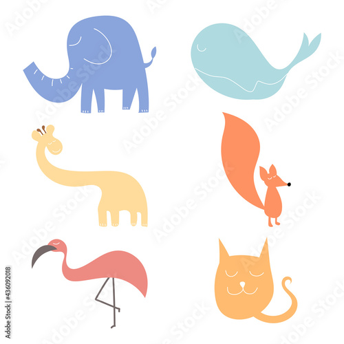 Fototapeta Naklejka Na Ścianę i Meble -  Cute cartoon animals are elephants, fishes, whales, giraffes, cats and more    vector , isolated on white background , Vector Illustration EPS 10
