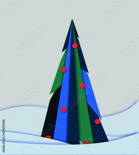 Colored Christmas tree flat illustration. Fir on snow banks with bright red balls. Decorative symbol of merry Xmas and New year on light grey background.