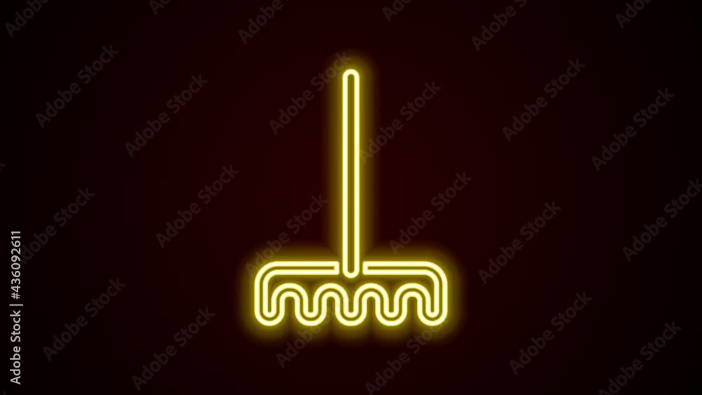 Glowing neon line Garden rake icon isolated on black background. Tool for horticulture, agriculture, farming. Ground cultivator. Housekeeping equipment. 4K Video motion graphic animation Glowing neon line Garden rake icon isolated on black background. Tool for horticulture, agriculture, farming. Ground cultivator. Housekeeping equipment. 4K Video motion graphic animation