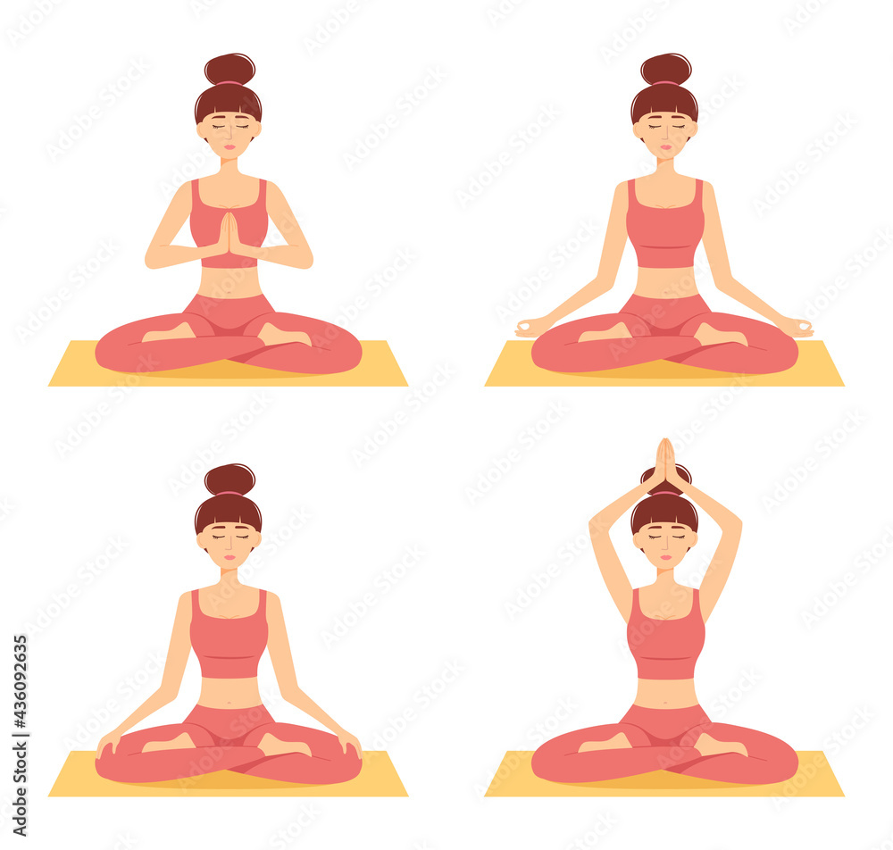 Set of meditating women. Girls in lotus position practicing yoga, vector illustration Set of meditating women. Girls in lotus position practicing yoga, vector illustration