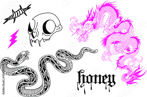Tattoo dragon vector set illustration