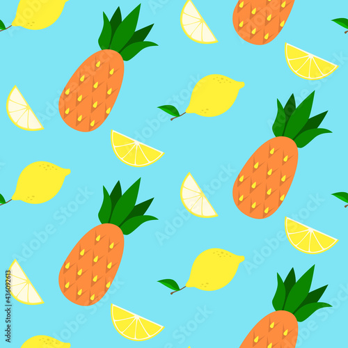 Seamless pattern of tropical fruits. Pineapples and lemons.