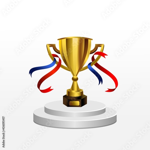 realistic gold trophy on podium vector. Trophy cup with red and blue ribbon. Champion trophy, shiny golden cup and falling confetti, sport award. Winner prize, champions realistic vector