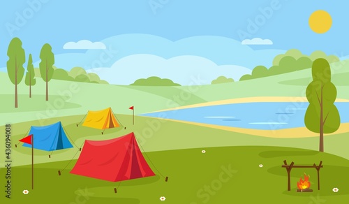 Summer Camping landscape. Countryside nature.