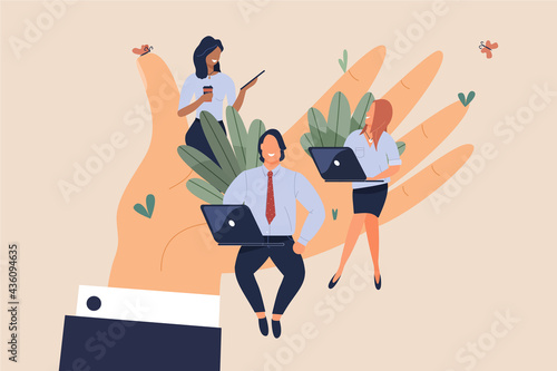 Tiny office workers sitting on huge hand. Concept of good comfortable environment at work, favorable psychological climate,high pay and freedom of creativity for employees. Vector flat illustration