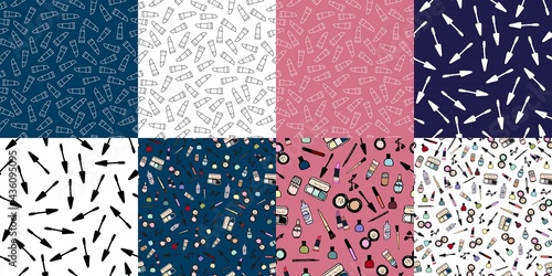 Set of 3 hand drawn cosmetics and makeup seamless pattern.