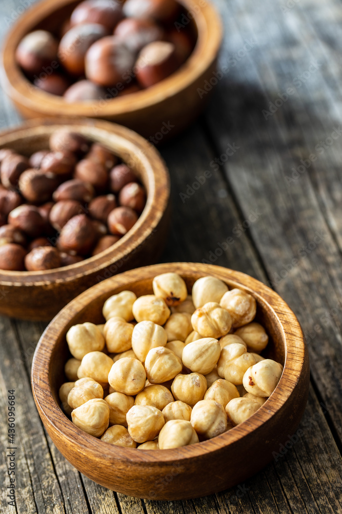 Peeled roasted hazelnut kernels. Peeled roasted hazelnut kernels.