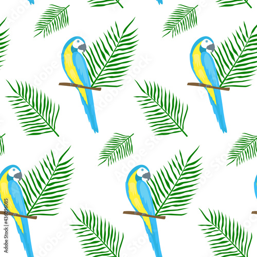 Seamless tropical pattern. Parrots and palm leaves.