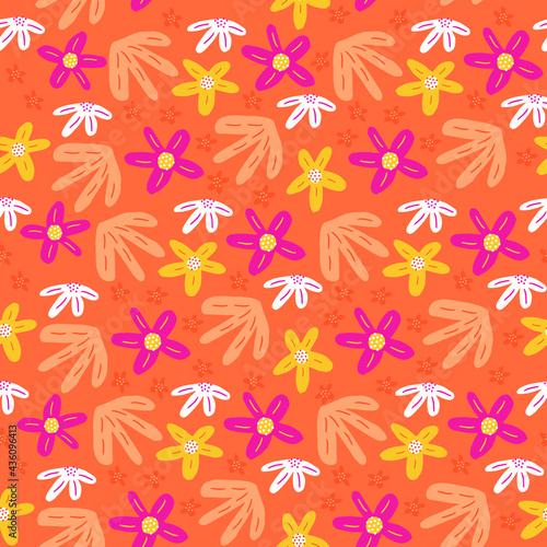 Flowers  botanical. Seamless pattern in vector. Floral print  fun for spring or summer. Ideal for fabrics  wrapping paper or other platforms. Super colorful and cute. 