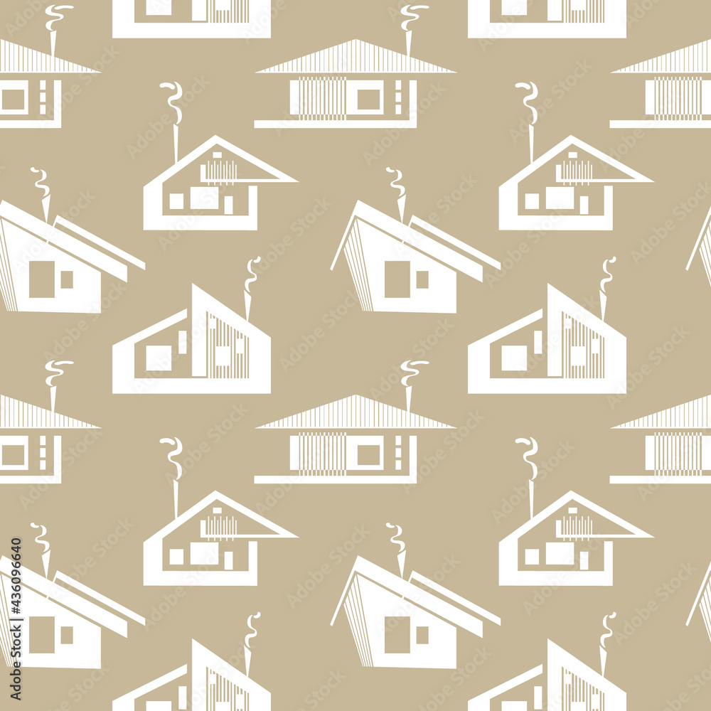 Fototapeta premium Stylized modern architecture seamless pattern. White houses VECTOR ILLUSTRATION on beige background.