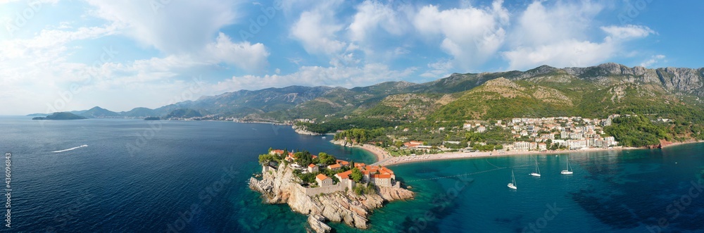 Fototapeta premium Aman Sveti Stefan. Sveti Stefan. Panorama of St. Stephen's Island. View from above. Aerial photography. Budva. Montenegro